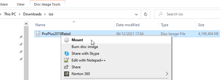 mounting office 2019 iso file